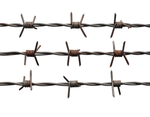 Three rows of rusty barbed wire against a black background