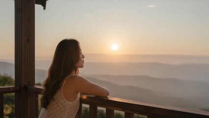 A woman gazes at a serene sunset over distant mountains from a balcony.