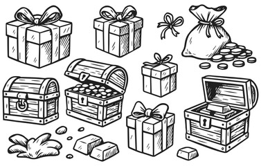 Gift and Treasure Chest Collection Hand Drawn Illustration Isolated on Transparent Background, Generative AI