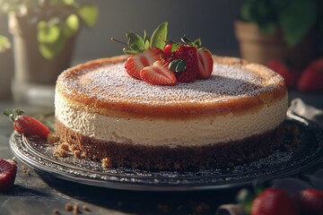 Delicious strawberry cheesecake on a dark background