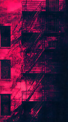 Obraz premium Urban Red Silhouette: An aged building's facade, painted in crimson hues, is etched with the stark silhouette of a fire escape, evoking a sense of urban intrigue and aged history.