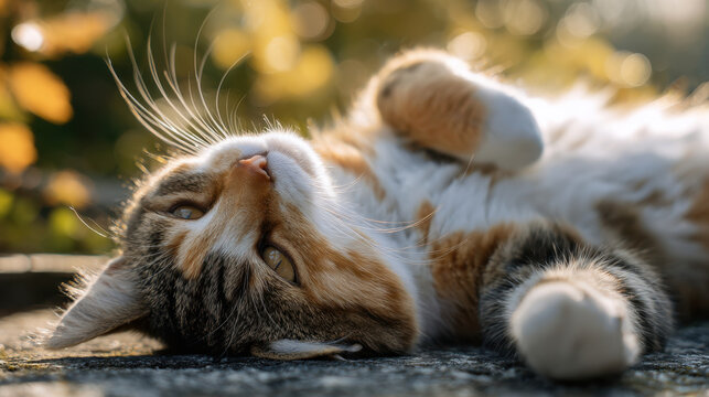 Calico cat relaxing on a warm stone surface surrounded by golden autumn leaves basking in the soft sunlight during a beautiful outdoor afternoon.