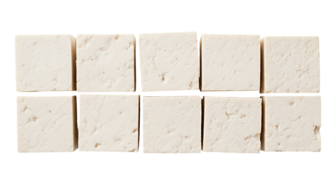 Ten rectangular blocks of tofu arranged in two rows isolated on transparent background