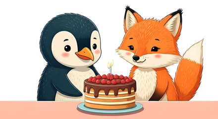 Cute Penguin and Fox with Birthday Cake