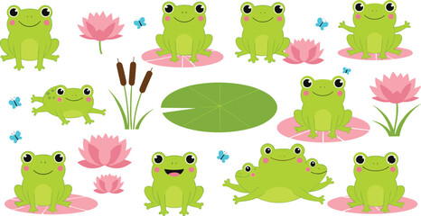 Obraz premium Cartoon frog illustration, playful pond scene, cute animal vector, lotus flower art, butterfly interaction, nature theme, children’s design, cheerful layout