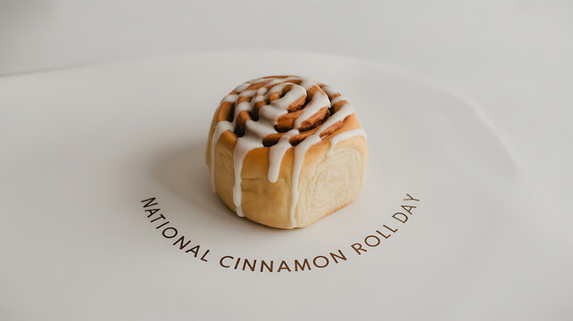 A single cinnamon roll with white icing on a plate marked 'National Cinnamon Roll Day'