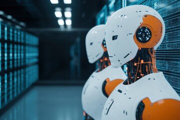 White and orange android robots standing in a dark server room with glowing blue racks, representing AI and futuristic technology
