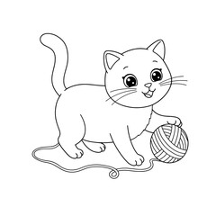 A cheerful cartoon cat curiously plays with a ball of yarn. Its expressive eyes, raised tail, and detailed yarn strands create a lively and adorable scene.