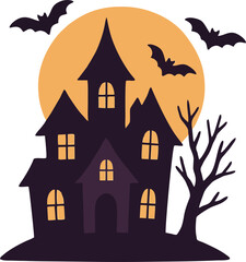 Spooky haunted castle with full moon and bats, haunted house with bats flying in the moonlight vector illustration.