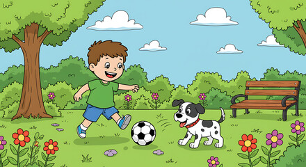 Obraz premium boy playing soccer ball with dog in the park simple cartoon Coloring Page for kids 