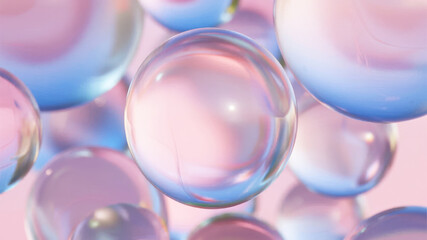 Transparent spherical bubbles with iridescent colors floating against a soft pink background