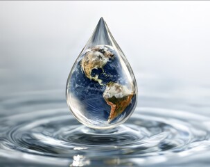 The fragile planet Earth captured within a single pristine water droplet, illustrating critical global water resources and the urgent need for conservation