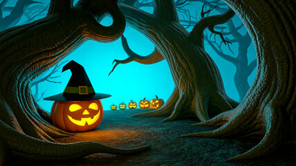 Spooky halloween pumpkins glowing in a dark forest with gnarled trees around