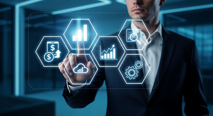 Business Leader Presenting Financial Growth On Virtual Dashboard