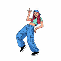 2D flat vector illustration of girl baggy pants and crop top, doing a hip hop side step move with one hand raised, cheerful facial expression