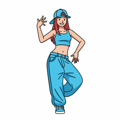 2D flat vector illustration of girl baggy pants and crop top, doing a hip hop side step move with one hand raised, cheerful facial expression