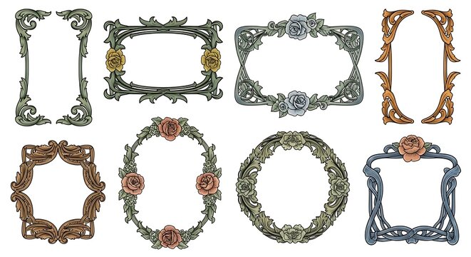 Decorative floral frames in various shapes and colors, showcasing intricate patterns and detailed designs.