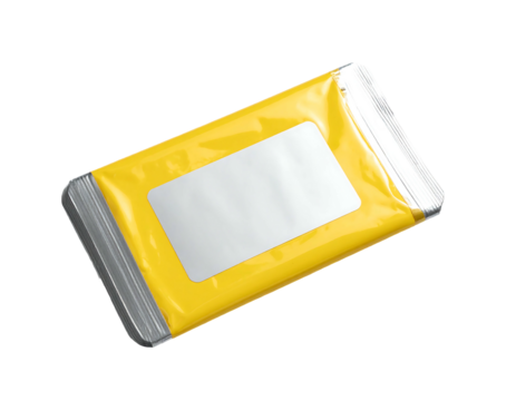 Yellow rectangular item in clear plastic packaging