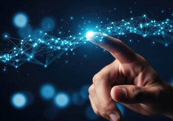 Fototapeta premium Finger Touches Glowing Blue Network Connection Points on Dark Background