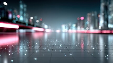 Futuristic Cityscape at Night with Neon Accents and Geometric Patterns Smooth Surface Reflects Light against Urban Backdrop Holographic Effect