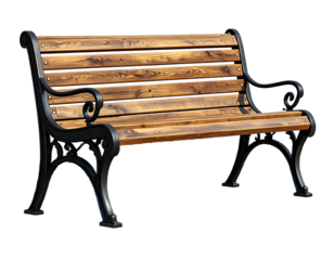 Wooden park bench with ornate metal arms