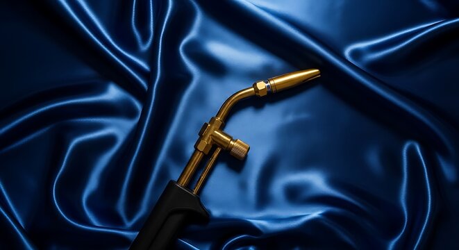 Jeweler's torch against deep sapphire satin cloth, industrial artwork