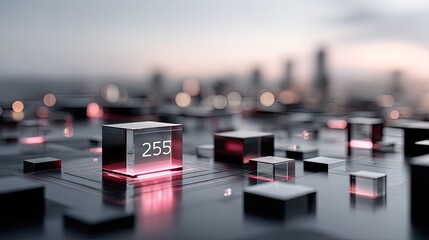 Futuristic Cityscape with Glowing Number Display Cubes on Circuitry Tabletop Under Cinematic Lighting and HDR