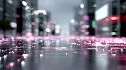Futuristic Cityscape with Holographic Code Overlay and Neon Lights on Wet Pavement