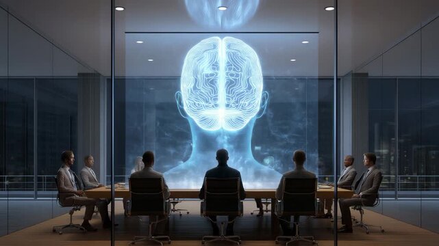 A group of people are sitting in a conference room. Corporate boardroom with glowing AI brain hologram and executives in discussion,governance ethics futuristic clean