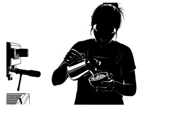 Barista Pouring Latte Art Silhouette Vector. Detailed Craftsmanship, Skill, and Coffee Culture Experience. Espresso Machine, Milk Pitcher, Steam Wisps. Coffee Shop Art.