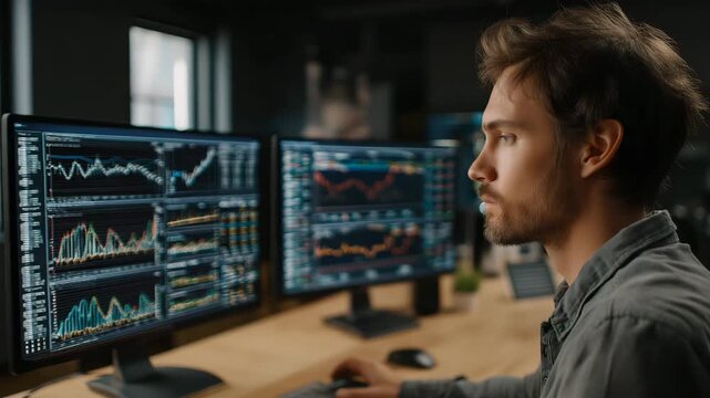 A man is sitting at a desk with two computer monitors in front of him. Closeup of person analyzing fairness and bias data graphs on futuristic monitors, ai governance ethics muted documentary