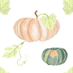Beige squash, green pumpkin, and fresh leaf watercolor seamless pattern isolated on white. Hand-painted illustration perfect for Thanksgiving, fall textile, wrapping paper, rustic kitchen prints