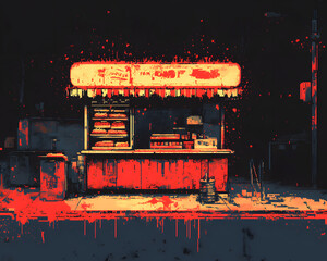 Nighttime Food Stall Scene: A dimly lit street corner reveals a vibrant food stall, illuminated by neon signage and accented by the glow of urban life.