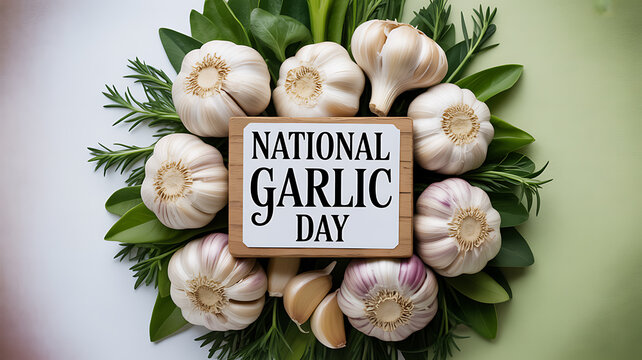 National Garlic Day celebration with garlic bulbs and greenery arranged around a sign