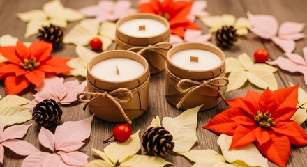 Fototapeta premium Three Rustic Candles with Autumn Decor.