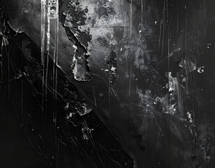 Dark, textured black grunge background with copy space, featuring dust, scratches, and a vintage distressed effect.
