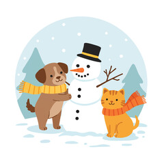 Naklejka premium A cute puppy in a yellow scarf and a charming kitten in an orange scarf joyfully build a friendly snowman in a vibrant, simplified 2D vector winter landscape.