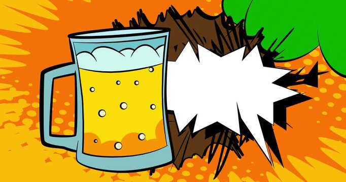 Cartoon beer glass with blank speech bubble, comic book beverage video. Retro comics pop art animation.
