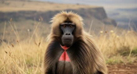 Gelada baboon portrait in grassy landscape