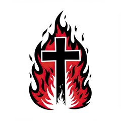 A stark black Christian cross is dramatically framed by vividly colored flames, set against white backdrop, offering powerful symbolic representation. Gospel concept.