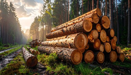 Stacked logs in a sunlit forest.  Sunlight streams through trees