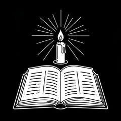 A white outlined candle with radiating lines rests above an open book of text against black background. Gospel concept.