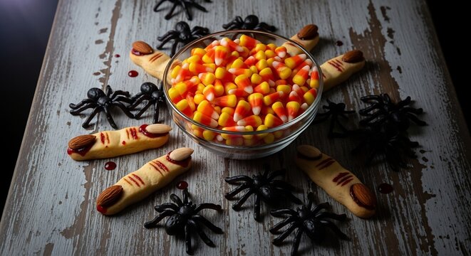 Halloween arrangement with candy corn bowl fingershaped cookies  plastic spiders on a rustic wooden surface