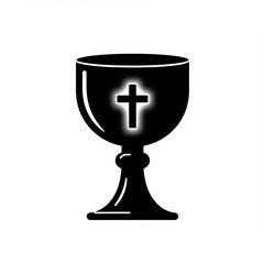 A black chalice stands against white background, featuring glowing Christian cross symbolizing faith and the Eucharist sacrament. Gospel concept.