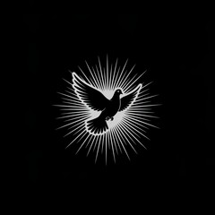 Against a stark black background, grey stylized dove spreads its wings amidst radiating light beams. Gospel concept.
