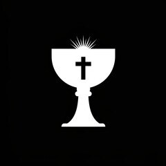Against a stark black backdrop, white chalice adorned with cross and radiating light symbolizes faith communion. Gospel concept.