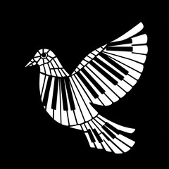 A stylized, white silhouette of dove with wings spread is cleverly designed integrated piano keys against stark, contrasting black background, creating musical avian imag
