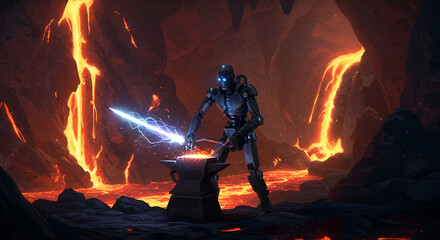 A robot blacksmith forging glowing plasma swords in a volcanic cave.