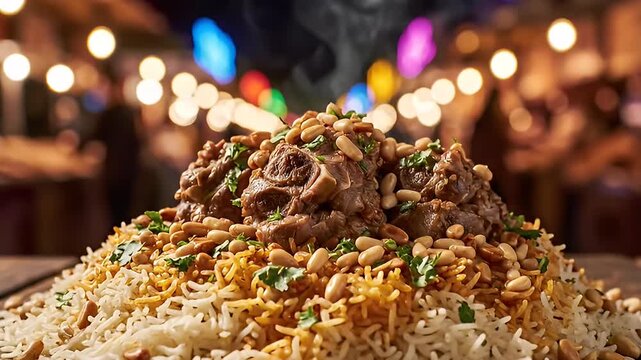 Delicious Lamb Mansaf with Rice, Pine Nuts, and Parsley in a Restaurant Setting