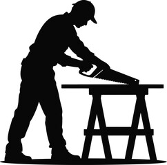 Obraz premium Man sawing wood in a bold black and white silhouette